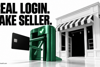A green sign-in gate leads a payment card toward an empty storefront.