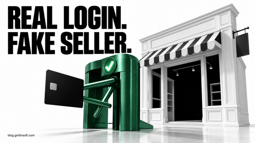 A green sign-in gate leads a payment card toward an empty storefront.