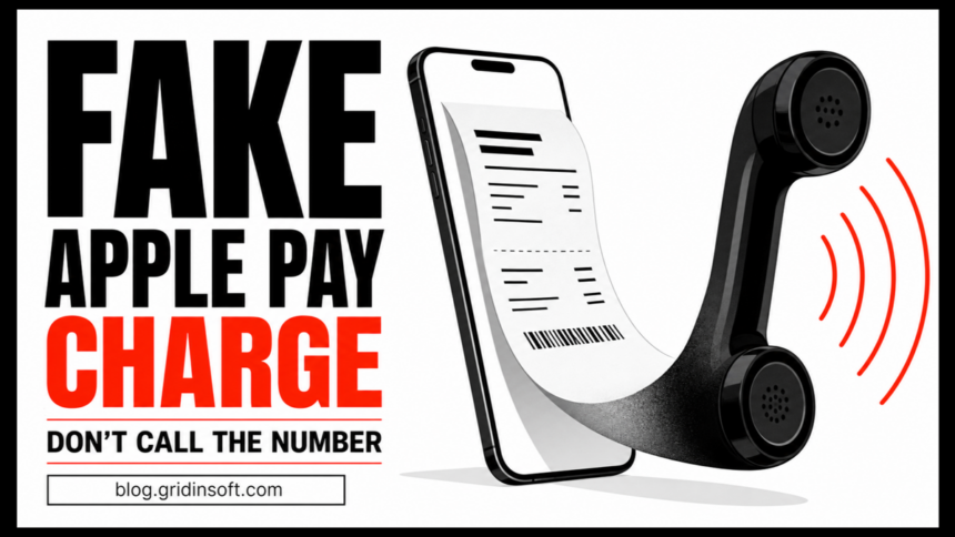 Fake Apple Pay charge receipt turning into a telephone handset.