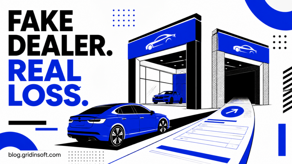 Two lookalike car dealerships split a payment road beneath the warning Fake Dealer, Real Loss.