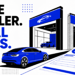 Two lookalike car dealerships split a payment road beneath the warning Fake Dealer, Real Loss.