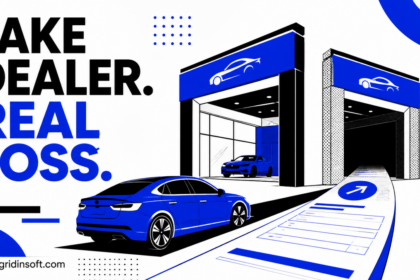 Two lookalike car dealerships split a payment road beneath the warning Fake Dealer, Real Loss.