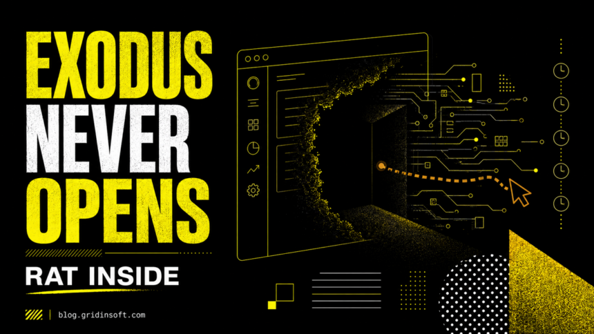 Black and acid-yellow editorial illustration of an Exodus window disappearing into a RAT-controlled void