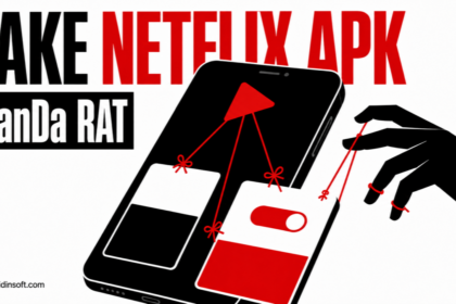 White, black, and red illustration of a fake Netflix APK turning an Android phone into a remotely controlled device