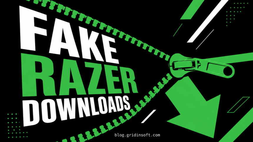 A zipper trap surrounds the words Fake Razer Downloads and a green download arrow.
