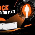 A person appears inside a camera lens above a blank license plate.