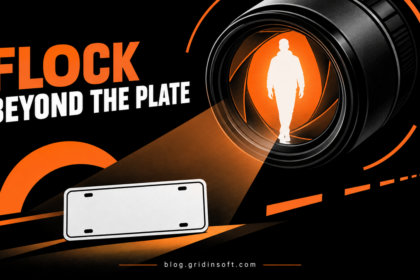 A person appears inside a camera lens above a blank license plate.