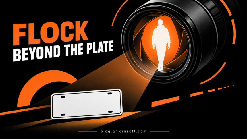 A person appears inside a camera lens above a blank license plate.