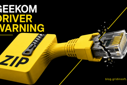 A yellow ZIP archive breaks into a black Ethernet cable under the words GEEKOM Driver Warning.