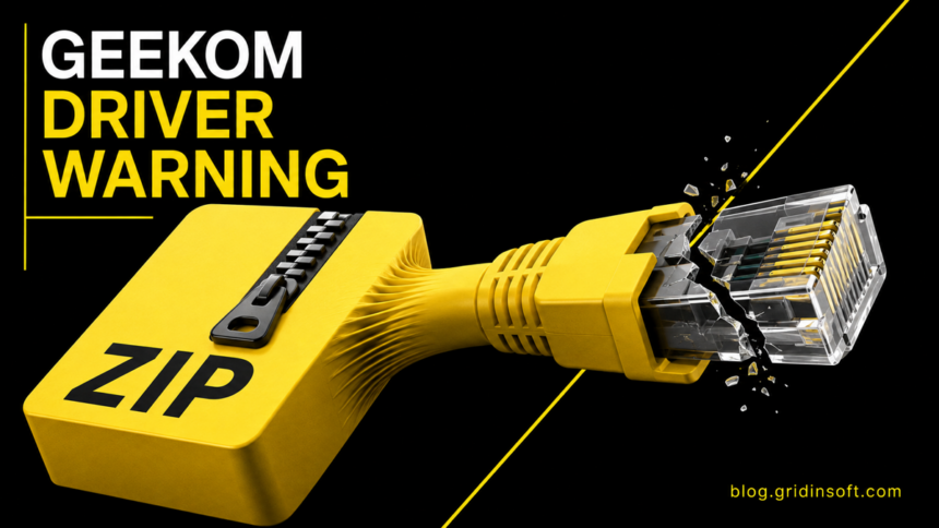 GEEKOM Driver Malware: Check the Legacy LAN Package 1 A yellow ZIP archive breaks into a black Ethernet cable under the words GEEKOM Driver Warning.