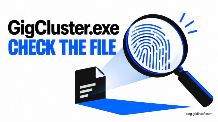 GigCluster.exe: Is It a Virus? Check and Remove It Safely 1 Magnifying glass revealing a file fingerprint beside the words GigCluster.exe: Check the File.