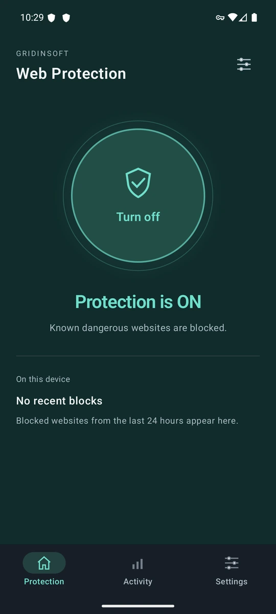 Gridinsoft Web Protection enabled on Android