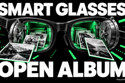 Smart glasses with open vault lenses and photographs beneath the words Smart Glasses Open Album.