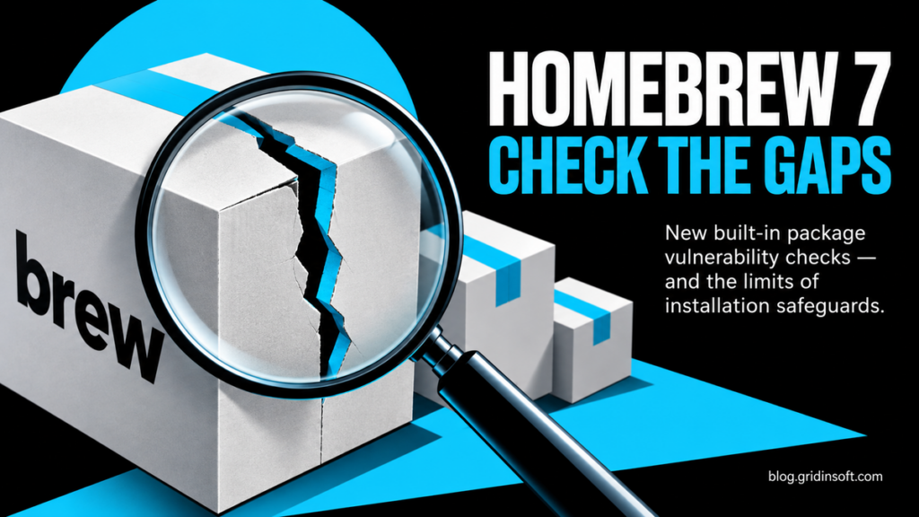 A magnifying glass reveals a gap in a software package, illustrating Homebrew vulnerability-check coverage.