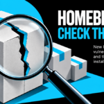 A magnifying glass reveals a gap in a software package, illustrating Homebrew vulnerability-check coverage.