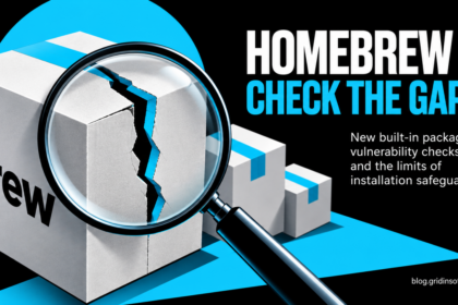 A magnifying glass reveals a gap in a software package, illustrating Homebrew vulnerability-check coverage.