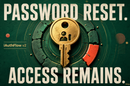 Golden passkey remaining intact inside a cracked reset mechanism, illustrating persistent iAuthFlow v2 account access