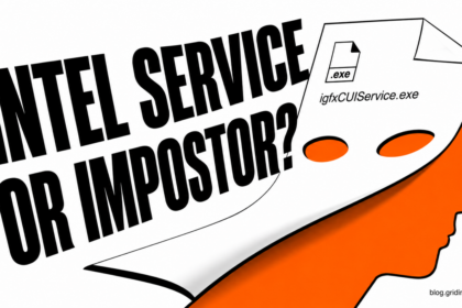 An executable file forms a mask over an orange silhouette, asking whether an Intel service is an impostor.