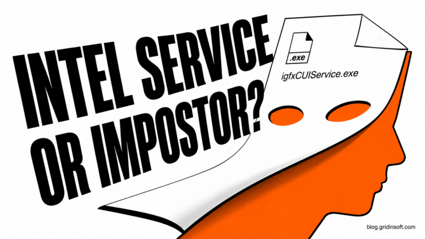 An executable file forms a mask over an orange silhouette, asking whether an Intel service is an impostor.