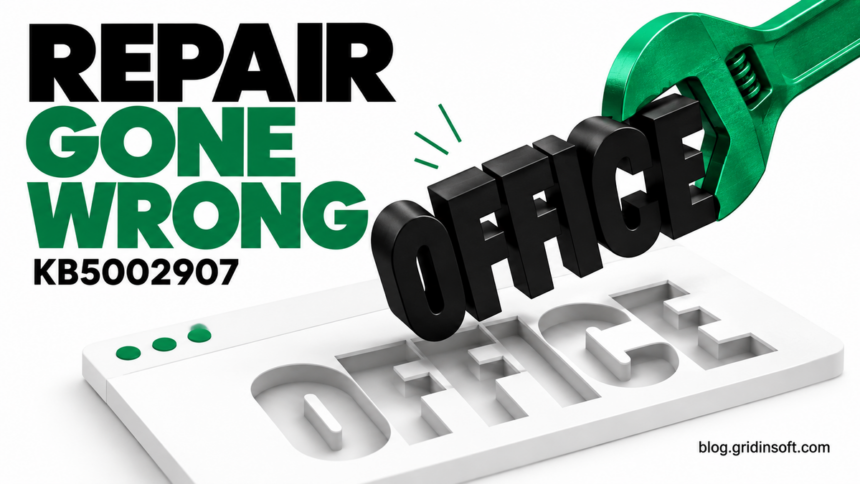 A repair wrench lifts Office from an application window after a failed update