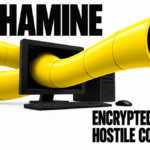 A giant yellow tunnel passes through a computer and carries a terminal command symbol.