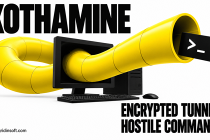 A giant yellow tunnel passes through a computer and carries a terminal command symbol.