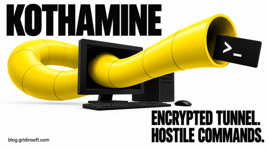 Kothamine Carries Hostile Commands Through a Legitimate Tunnel 1 A giant yellow tunnel passes through a computer and carries a terminal command symbol.