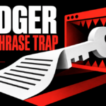 A recovery sheet becomes a key caught in a browser trap beside the words Ledger Seed Phrase Trap.