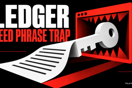 A recovery sheet becomes a key caught in a browser trap beside the words Ledger Seed Phrase Trap.