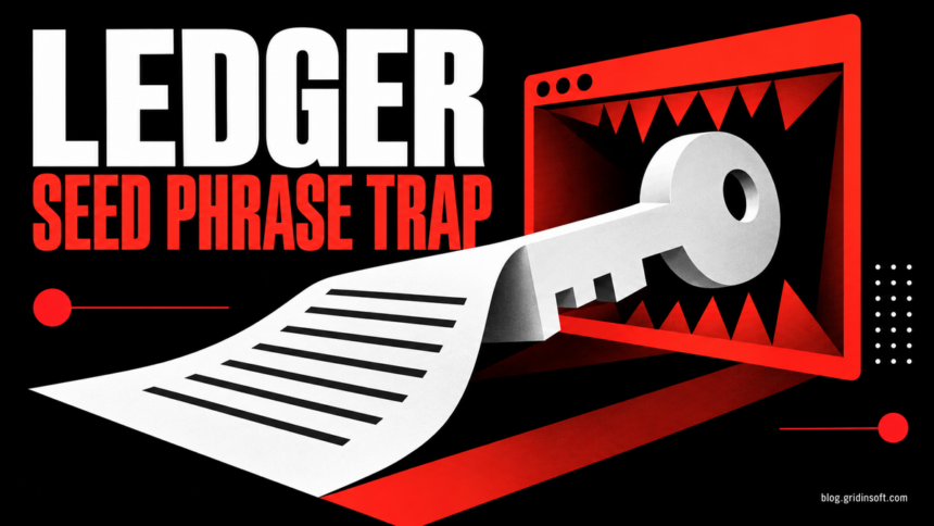 A recovery sheet becomes a key caught in a browser trap beside the words Ledger Seed Phrase Trap.