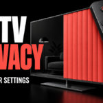 A TV remote and privacy curtain illustrate control over LG television settings.