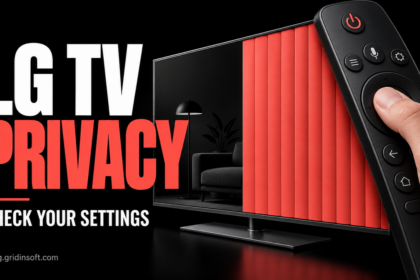 A TV remote and privacy curtain illustrate control over LG television settings.