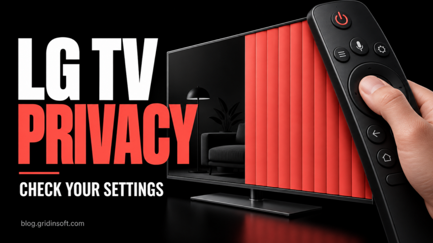 A TV remote and privacy curtain illustrate control over LG television settings.