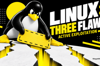 Linux penguin holds a patch over a cracked platform representing three kernel flaws.