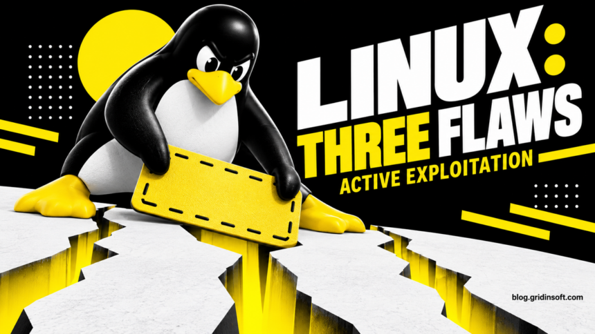 Linux penguin holds a patch over a cracked platform representing three kernel flaws.