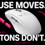 White mouse with detached magenta custom buttons and the text Mouse moves. Buttons don’t.