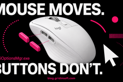 White mouse with detached magenta custom buttons and the text Mouse moves. Buttons don’t.