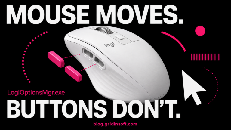 White mouse with detached magenta custom buttons and the text Mouse moves. Buttons don’t.