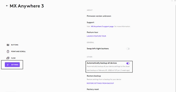 LogiOptionsMgr.exe Crashes: Restore Your Mouse Buttons 2 Logitech documentation showing automatic device backup and Restore settings from backup controls