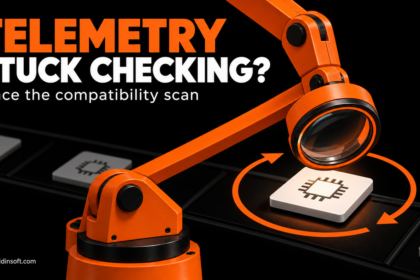 An orange inspection arm repeatedly checks a computer chip.