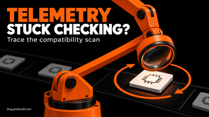 Microsoft Compatibility Telemetry High CPU: Trace the Appraiser 1 An orange inspection arm repeatedly checks a computer chip.
