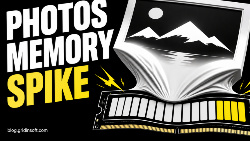 Photo frame bending a RAM gauge during a Microsoft Photos memory spike.