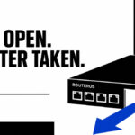 Bauhaus illustration of an open doorway in a RouterOS device with an arrow showing remote access.