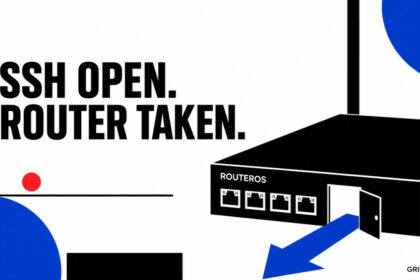 Bauhaus illustration of an open doorway in a RouterOS device with an arrow showing remote access.