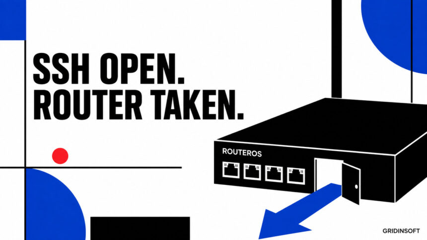 Bauhaus illustration of an open doorway in a RouterOS device with an arrow showing remote access.