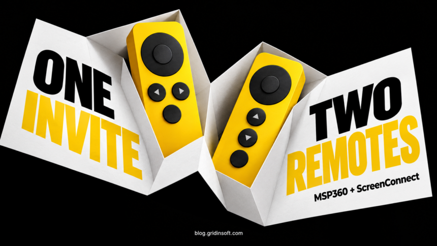 An invitation unfolds into two remote controls labeled MSP360 and ScreenConnect.