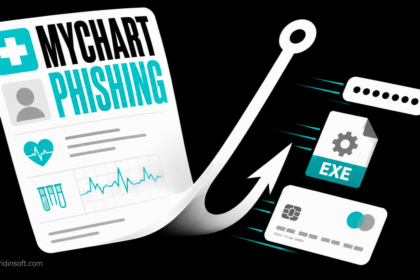MyChart phishing warning with a medical chart turning into a hook beside password, EXE file, and card symbols.