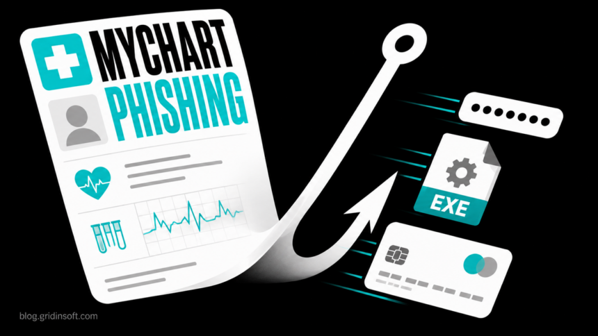 MyChart phishing warning with a medical chart turning into a hook beside password, EXE file, and card symbols.