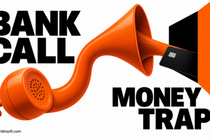 Orange telephone receiver draws a bank card into a trap.