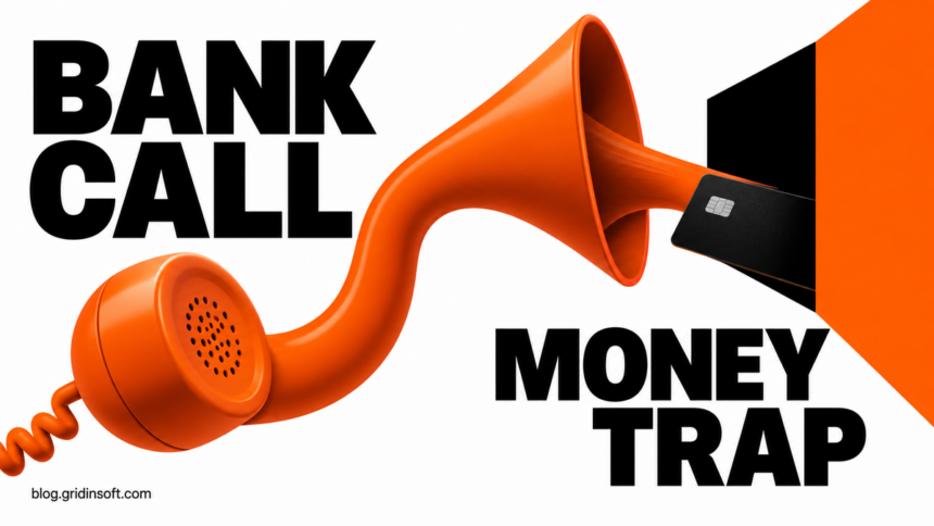 Orange telephone receiver draws a bank card into a trap.